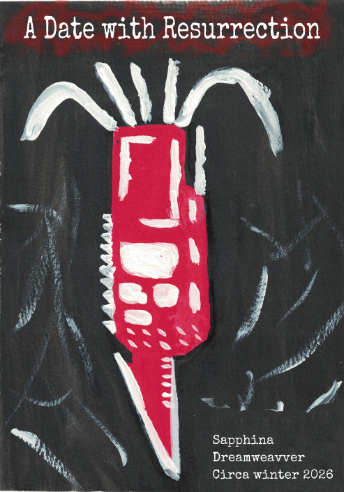 A jagged red handheld device on a black background. The black is covered in crude white marks. Written winter of 2026.