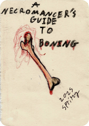 A human femur dripping blood. The title is: A Necromancer's Guide To Boning. Written spring of 2025.