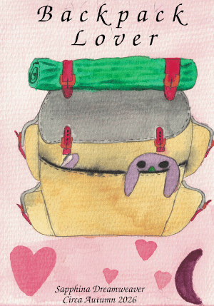 A tan and grey backpack with many pockets and red straps. There is a rolled green blanket strapped to the top. Plum, a purple plushie, is peeking out of the bottom of the pack. Written Autumn of 2026.