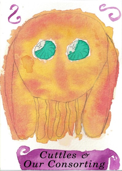 A cheerfully messy orange stylised cuttlefish with big emerald green eyes. A purple scroll beneath reads: cuttles and our consorting. Written Autumn of 2026.